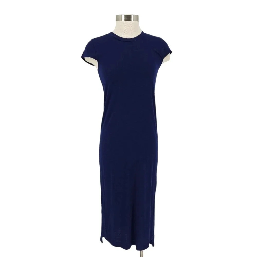 Jessica Simpson Brees Midi Shirt Dress Navy Blue Knit Short Sleeve Modest